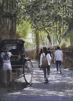bamboo bamboo_forest carriage day forest highres nature no_humans original painting_(medium) plant rickshaw scenery shadow sunlight traditional_media watanabe_masato watercolor_(medium)