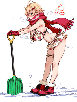 Rule 34 | 1girl, ahoge, apple print, bent over, bikini, bikini skirt, blonde hair, boots, bow, breasts, cleavage, commentary request, food print, frilled bikini, frills, from side, fruit print, full body, fur-trimmed boots, fur trim, gloves, green eyes, hair bow, hair ornament, hairclip, highres, hirowa nagi, holding, holding shovel, indie virtual youtuber, large breasts, looking at viewer, looking to the side, navel, open mouth, print bikini, red boots, red bow, red gloves, red scarf, ribbon-trimmed bikini, ribbon trim, ritorun (vtuber), scarf, short hair, shovel, simple background, snow, solo, swimsuit, virtual youtuber, white background, white bikini