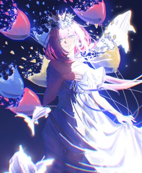 1girl absurdres alternate_costume balloon blue_eyes blue_sky breasts crown dress elysia_(honkai_impact) flying_whale head_wreath highres honkai_(series) honkai_impact_3rd large_breasts long_hair looking_at_viewer osman pink_hair sky smile solo very_long_hair whale white_dress