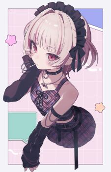 1girl arm_belt arm_strap bare_shoulders belt belt_buckle black_arm_warmers black_belt black_bow black_collar black_headdress black_straps blunt_bangs blush border bow buckle came_ushi chain chain_bracelet chain_necklace closed_mouth collar collarbone colored_inner_hair crop_top cropped_legs cross-laced_clothes cross-laced_top grey_hair grid_background hair_bow hair_intakes hand_on_own_cheek hand_on_own_face harness highres jewelry lollipop_in_mouth looking_at_viewer loose_belt maid_headdress makaino_ririmu makaino_ririmu_(6th_costume) midriff miniskirt multicolored_hair multiple_belts necklace nijisanji no_headwear no_jacket outside_border pendant pink_background pink_hair pink_skirt pink_streaks plaid_clothes plaid_skirt pleated_skirt pointy_ears red_eyes short_hair skirt sleeveless smile solo spiked_collar spikes star_(symbol) streaked_hair studded_belt two-tone_hair two_side_up virtual_youtuber white_border wolf_cut zipper_top
