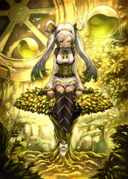 1girl absurdres ankle_bow ankle_ribbon bell_sleeves black_hairband black_pantyhose bloomers blunt_ends bow bowtie bug bush butterfly center_frills collared_shirt colored_tips footwear_bow frilled_sleeves frills fruit_tree full_body gears green_bow green_bowtie green_eyes green_hair hair_bow hair_rings hairband highres in_tree insect lauriel_(merc_storia) leg_ribbon liquid long_hair long_sleeves looking_at_viewer mary_janes merc_storia mito_itsuki moss multicolored_hair nail_polish orb pantyhose pencil_skirt pink_nails ribbon rock shirt shoes sitting sitting_in_tree skirt sleeve_bow smile solo striped_clothes striped_pantyhose swept_bangs tree twintails underbust underwear upturned_eyes white_bow white_hair white_shirt white_shoes white_skirt