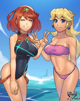 2girls absurdres aqua_gemstone bare_arms bikini black_one-piece_swimsuit blonde_hair blue_eyes breasts chest_jewel cleavage collarbone covered_navel earrings floating_earrings gem hand_up highres jewelry large_breasts long_hair mario_(series) medium_breasts multiple_girls nintendo ocean one-piece_swimsuit orlek pink_bikini princess_peach pyra_(pro_swimmer)_(xenoblade) pyra_(xenoblade) red_hair red_one-piece_swimsuit short_hair smile sphere_earrings strapless strapless_bikini swept_bangs swimsuit tiara two-tone_swimsuit v xenoblade_chronicles_(series) xenoblade_chronicles_2