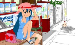 Rule 34 | 1girl, aoyama kotoha (mitsuboshi colors), bag, blue dress, blue hair, blush, cameo, candy jar, closed mouth, cooler, creature, doseisan, dress, foot out of frame, gumball machine, handbag, hat, holding, holding clothes, holding hat, knee up, long hair, looking ahead, manhole, mitsuboshi colors, mother (game), nintendo, outdoors, pink hat, sandals, shade, short dress, short sleeves, smile, solo, storefront, sun hat, utility pole, v-shaped eyebrows, yamamoto yuusuke (animator), yellow eyes
