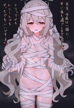 1girl absurdres bandages blonde_hair blue_archive blush bow braid breasts brown_eyes green_halo hair_between_eyes hair_bow halo highres long_hair medium_breasts miyo_(blue_archive) naked_bandage navel open_mouth pueichigo sidelocks solo sweat translation_request white_bow