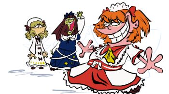 3girls blonde_hair blue_dress brown_hair closed_mouth commentary cosplay dress ed_(ed_edd_n_eddy) ed_(ed_edd_n_eddy)_(cosplay) ed_edd_n_eddy edd_(ed_edd_n_eddy) edd_(ed_edd_n_eddy)_(cosplay) eddy_(ed_edd_n_eddy) eddy_(ed_edd_n_eddy)_(cosplay) english_commentary full_body harsieseboann long_sleeves looking_at_viewer luna_child medium_hair multiple_girls open_mouth orange_hair parody short_sleeves simple_background standing star_sapphire sunny_milk teeth touhou white_background white_dress