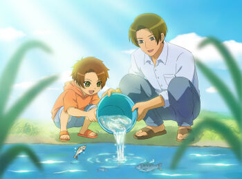 Rule 34 | absurdres, cloud, daimon masaru (digimon savers), daimon suguru, digimon, digimon savers, digivincent, father and son, fish, highres, sky, smile, water