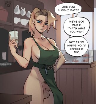 1futa apron barista blonde_hair blue_eyes breasts bulge cafe cleavage clothes_lift cup english_text erection erection_under_clothes female_pubic_hair futanari green_apron hand_on_own_hip hidden:d8 highres holding holding_cup iced_latte_with_breast_milk_(meme) looking_at_viewer medium_breasts meme naked_apron no_bra no_panties original pelvic_curtain pelvic_curtain_lift penis penis_peek ponytail pubic_hair solo speech_bubble standing table testicles