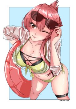 1girl artist_name bent_over bikini blue_background border breasts cleavage collarbone commentary commission dated double-parted_bangs eiyuu_densetsu english_commentary eyewear_on_head front-tie_bikini_top front-tie_top hair_between_eyes hair_bun highres holding holding_removed_eyewear innertube kamilisme large_breasts long_hair one_side_up pink_hair red_eyes sara_valestein see-through_clothes sen_no_kiseki_(series) shirt side-tie_bikini_bottom simple_background solo swim_ring swimsuit thigh_strap unworn_eyewear upper_body wet wet_clothes wet_shirt white_border yellow_bikini