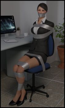 1girl 3d absurdres arms_behind_back bdsm black_hair bondage bound bound_ankles bound_legs breast_bondage breasts brown_eyes chair computer cup gag gagged highres improvised_gag jewelry legs lord_kamski necklace plant ryuu_ga_gotoku_(series) ryuu_ga_gotoku_2 sayama_kaoru skirt tape tape_bondage tape_gag teacup thighs tied_to_chair yakuza