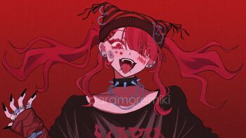 1girl barbell_piercing beanie black_nails black_shirt commentary_request ear_piercing earrings eyeshadow face_piercing fangs fingernails floating_hair hair_over_one_eye hat highres industrial_piercing jewelry layered_sleeves lip_piercing long_hair long_sleeves looking_at_viewer makeup miki_(paramoremiki) multiple_earrings multiple_rings nail_polish natsuki_karin necklace open_mouth piercing red_background red_eyes red_eyeshadow red_hair ribbed_sweater ring sharp_fingernails shirt short_over_long_sleeves short_sleeves solo sticker sticker_on_face striped_clothes striped_sweater sweater sweater_under_shirt synthesizer_v tongue tongue_out twintails