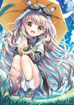 1girl :d anemoi black_jacket black_shoes blue_sky blush brown_hair cloud commentary_request contrail copyright_notice cross-laced_shoes day dress floating_hair full_body fusaba_aino goggles goggles_on_head grass hair_between_eyes hands_up happy highres holding holding_umbrella jacket long_hair long_sleeves looking_at_viewer on_grass open_clothes open_jacket open_mouth outdoors shoes short_dress sky smile sneakers socks solo squatting tareme tyutaka0427 umbrella under_umbrella very_long_hair white_dress white_socks wind yellow_eyes yellow_umbrella