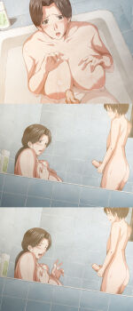 1boy 1girl age_difference bathroom bathtub blush breasts brown_eyes brown_hair censored closed_eyes cum dutch_angle ejaculation erection hetero highres huge_breasts incest indoors masturbation mature_female mixed-sex_bathing mother_and_son motion_lines nipples nude open_mouth penis plump pov pubic_hair sequential shared_bathing shota tamamono_atae veins veiny_penis wet