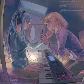 Rule 34 | 2girls, bang dream!, bang dream! it's mygo!!!!!, barefoot, blank speech bubble, blonde hair, blue hair, blue shirt, chinese commentary, closed mouth, commentary request, english text, flying sweatdrops, from side, hand on another's face, headphones, highres, indoors, instrument, keyboard (instrument), kinayone, long hair, long sleeves, looking at another, medium hair, misumi uika, multiple girls, parted lips, profile, purple eyes, purple shirt, seiza, shirt, shorts, sitting, smile, speech bubble, togawa sakiko, twitter username, two side up, yellow eyes, yuri