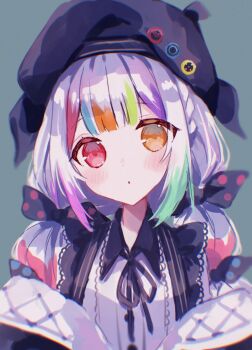 1girl black_hat blue_hair blush commentary_request green_hair grey_background haruno_ichigo hat heterochromia highres jogasaki_noah looking_at_viewer mahou_shoujo_no_majo_saiban multicolored_hair orange_eyes orange_hair pink_hair purple_hair red_eyes red_hair solo upper_body white_hair