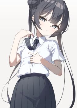 Rule 34 | 1girl, black hair, black necktie, black skirt, blue archive, blush, breasts, collared shirt, commentary request, double bun, grey background, grey eyes, hair bun, kisaki (blue archive), long hair, looking at viewer, monyosato, necktie, pleated skirt, school uniform, shirt, short sleeves, simple background, skirt, small breasts, solo, striped necktie, twintails, white shirt