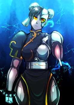 1girl black_dress black_hair bracelet breasts capcom china_dress chinese_clothes chun-li colored_sclera damaged damaged_skin dress jewelry mechabare medium_breasts shadow_lady_(street_fighter) solo soyuz001 spiked_bracelet spikes standing street_fighter torn_clothes wide_hips yellow_sclera