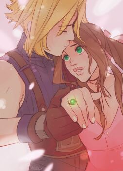 1boy 1girl absurdres aerith_gainsborough artist_name belt black_pants blonde_hair blue_shirt braid braided_ponytail breasts brown_belt brown_gloves brown_hair choker closed_eyes cloud_strife couple dress falling_petals final_fantasy final_fantasy_vii gloves green_eyes hair_ribbon hetero highres holding_hands jewelry kiss kissing_forehead long_hair medium_breasts pants parted_bangs parted_lips petals pink_dress pink_ribbon ribbon ring shirt short_hair sidelocks single_bare_shoulder single_braid skirtzzz sleeveless sleeveless_turtleneck suspenders turtleneck upper_body