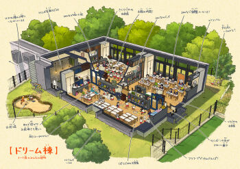 6+others chair commentary_request cross-section day desk door fence furry grass hanging_light highres multiple_others original poppo_sutchy red_shorts refrigerator sandbox scenery school_chair school_desk shorts sitting stairs standing translation_request tree window