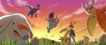 1boy ash_ketchum baseball_cap bayleef belt bird black_hair commentary cyndaquil dawn denim english_commentary flying gen_1_pokemon gen_2_pokemon gloves green_gloves hat heracross highres jeans jumping looking_at_viewer male_focus nintendo noctowl on_grass on_head open_mouth outdoors owl pants phanpy pikachu pokemon pokemon_(anime) pokemon_(classic_anime) pokemon_(creature) pokemon_on_head red_eyes sergiromero sharp_teeth short_hair smile standing sunlight teeth totodile
