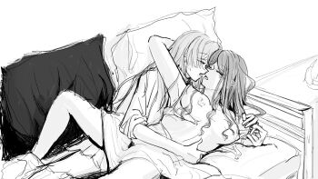 2girls after_kiss arm_around_neck bang_dream! bang_dream!_it's_mygo!!!!! breasts chihaya_anon closed_eyes commentary couch fang funame111 greyscale highres hug large_breasts long_hair lying monochrome multiple_girls nagasaki_soyo nipples on_couch open_mouth yuri