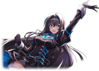 1girl arm_up black_gloves black_hair black_jacket blue_eyes breasts code_geass code_geass:_lost_stories commentary_request f4samurai gloves hairband highres jacket large_breasts long_hair maya_disel official_art open_mouth smile solo