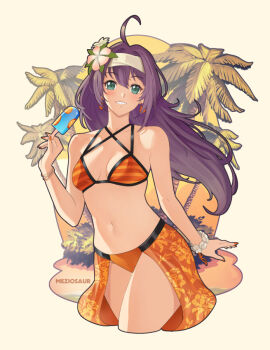 1girl bikini breasts cropped_legs fire_emblem fire_emblem:_path_of_radiance fire_emblem:_radiant_dawn flower food green_eyes grin hair_flower hair_ornament headband holding holding_food holding_popsicle long_hair looking_at_viewer meziosaur mia_(fire_emblem) navel nintendo orange_bikini orange_skirt palm_tree popsicle purple_hair skirt small_breasts smile solo swimsuit thick_thighs thighs tree white_headband