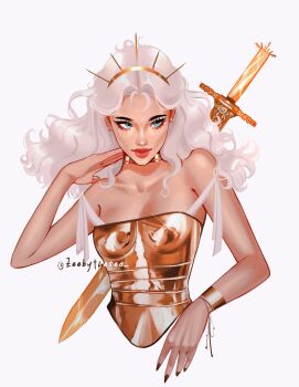 1girl aqua_eyes armlet armor breasts brown_nails cropped_torso double_strap_slip earrings eyelashes fingernails forehead gold_armlet gold_armor gold_choker gold_earrings gold_hairband hairband hand_on_own_neck head_down highres jewelry long_fingernails long_hair looking_to_the_side mole mole_on_arm mole_on_breast mole_on_hand multiple_moles nail_polish off_shoulder original parted_bangs spiked_hairband spikes sword sword_on_back thick_eyebrows thick_lips twitter_username upper_body wavy_hair weapon weapon_on_back white_hair zeebythesea