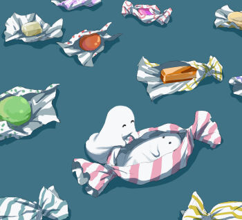 2others ^_^ absurdres avogado6 blue_background candy candy_wrapper closed_eyes commentary food from_above full_body ghost hide_and_seek highres looking_at_another lying mini_person multiple_others on_back original other_focus playing shadow sheet_ghost simple_background standing