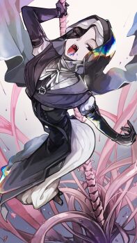 1girl absurdres black_boots black_capelet black_corset black_hood boots buckle capelet coif corset dynamic_pose elbow_gloves elden_ring elden_ring_nightreign gloves highres holding holding_polearm holding_weapon iridescent iwahada nun open_mouth polearm solo spear spine tentacles undertaker_(elden_ring) weapon white_coif