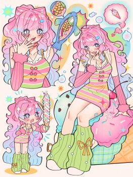 1girl alternate_costume blue_hair breasts casual chibi coin commentary dress english_commentary fashion fish fish_hair_ornament food genshin_impact gradient_hair green_leg_warmers gyaru hair_ornament highres ice_cream leg_warmers long_hair looking_at_viewer medium_breasts mitsutadaki multicolored_hair multiple_views open_mouth pink_arm_warmers pink_hair pink_nails purple_eyes purple_hair sangonomiya_kokomi sitting sleeveless sleeveless_dress striped_clothes striped_dress very_long_fingernails very_long_hair