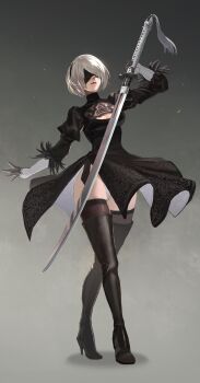1girl 2b_(nier:automata) black_boots black_dress black_gloves black_hairband black_thighhighs black_visor blindfold boots breasts cleavage cleavage_cutout clothing_cutout dress full_body gloves grey_background grey_hair hairband high_heel_boots high_heels highres holding holding_sword holding_weapon juliet_sleeves leotard long_sleeves medium_breasts mole mole_under_mouth nekoyana nier:automata nier_(series) parted_lips puffy_sleeves short_hair side_slit skindentation solo standing sword thigh_boots thighhighs turtleneck turtleneck_dress virtuous_contract weapon white_leotard