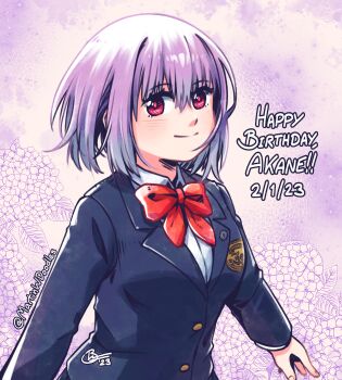 Rule 34 | 1girl, artist name, blue jacket, bow, bowtie, breasts, character name, collared shirt, commentary, dated, gridman universe, hair between eyes, happy, happy birthday, highres, jacket, light blush, long sleeves, martinwdoodles, medium breasts, medium hair, purple background, purple hair, red bow, red bowtie, red eyes, school uniform, shinjou akane, shirt, signature, smile, solo, ssss.gridman, upper body, white shirt