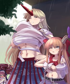 3girls abs absurdres bare_shoulders blonde_hair blue_shirt blue_skirt blush breasts chest_sarashi collarbone elaphe_guttata6 embarrassed green_eyes hand_on_own_hip highres holding holding_umbrella horns hoshiguma_yuugi huge_breasts ibuki_suika long_hair medium_hair multiple_girls navel okunoda_miyoi one_eye_closed open_mouth orange_hair pink_hair pointy_ears purple_skirt rain red_eyes sarashi shirt short_sleeves single_horn skirt sleeveless sleeveless_shirt t-shirt teeth touhou umbrella underboob whale_hat white_shirt yellow_eyes