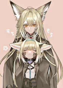 2girls animal_ear_fluff animal_ears arknights black_jacket blonde_hair blue_hairband blunt_bangs braid cheek_squash closed_eyes eyebrows_hidden_by_hair fox_ears fox_girl gloves hair_between_eyes hair_rings hairband hands_on_another's_face highres infection_monitor_(arknights) jacket long_hair looking_at_another looking_down mother_and_daughter multicolored_hair multiple_girls necktie okome_(okome9219) pink_background red_necktie scar scar_on_face shirt simple_background single_glove smile strap suzuran_(arknights) upper_body vulpisfoglia_(arknights) white_hair white_shirt yellow_eyes