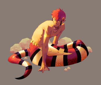 armlet forked_tongue full_body gold_armlet grey_background hair_ornament hiffuu highres lamia_boy monster_boy nipples original pointy_ears red_hair short_hair simple_background snake_boy tan toned toned_male tongue