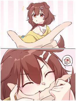 1boy 1girl animal_ears biting biting_another's_finger blue_ribbon blush bone bone_hair_ornament brown_eyes brown_hair cartoon_bone closed_eyes commentary_request dog_ears dog_girl dog_tail hair_between_eyes hair_ornament hairclip heart highres hololive inugami_korone jacket jacket_partially_removed listener_(inugami_korone) looking_at_viewer medium_hair off_shoulder open_mouth ribbon spoken_heart tail virtual_youtuber yellow_jacket