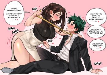 1boy 1girl absurdres belt black_jacket black_pants blush boku_no_hero_academia breasts brown_eyes brown_hair english_text formal_clothes green_eyes green_hair grin heart hetero highres izuocha jacket large_breasts lipstick_mark lipstick_mark_on_cheek lipstick_mark_on_chest lipstick_mark_on_face loopvoid matching_hair/eyes midoriya_izuku necktie pants shirt side_slit sidelocks skirt smile sound_effects speech_bubble spoken_heart teeth thighs undressing_another uraraka_ochako white_shirt white_skirt yellow_necktie