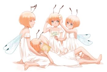 4girls ^_^ antennae aqua_eyes bare_shoulders barefoot book closed_eyes dress closed_eyes flower full_body grin hair_flower hair_ornament insect_wings lap_pillow lying multiple_girls on_back orange_hair original quadruplets shadow short_hair simple_background sitting smile tukasac wariza white_background wings
