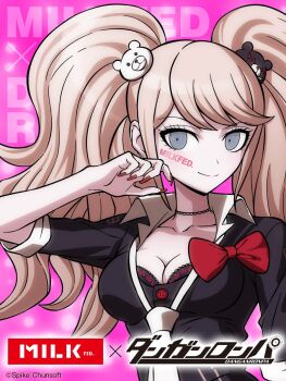 1girl bear_hair_ornament breasts choker cleavage collared_shirt danganronpa_(series) enoshima_junko female_focus fingernails hair_ornament highres large_breasts long_fingernails long_hair nail_polish official_art shirt solo twintails upper_body