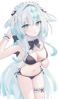 1girl absurdres adjusting_clothes alternate_costume bikini black_bow black_bowtie blue_eyes bow bowtie breasts cerydra_(honkai:_star_rail) cleavage commentary diamond-shaped_pupils diamond_(shape) enmaided frilled_hairband frilled_thigh_strap frilled_wrist_cuffs frills hairband hand_in_own_hair highres honkai:_star_rail honkai_(series) looking_at_viewer maid maid_bikini maid_headdress medium_breasts navel parted_lips side-tie_bikini_bottom simple_background stomach swimsuit symbol-only_commentary symbol-shaped_pupils thigh_strap unconventional_maid white_background white_hairband wrist_cuffs yagen_(user_mxur3238)