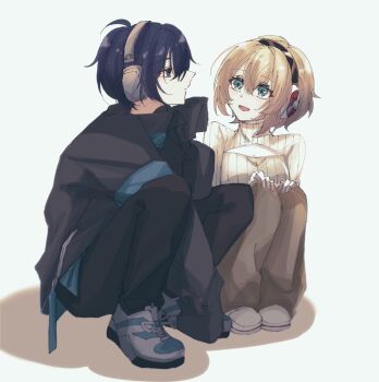 1boy 1girl :d ahoge aigis_(persona) alternate_costume android aqua_eyes arms_between_legs between_legs black_jacket blonde_hair blue_eyes blue_hair blue_shoes breast_cutout breasts brown_pants cleavage closed_mouth double-parted_bangs facing_to_the_side full_body gold_hairband hair_over_one_eye hairband hands_on_own_knees headphones highres jacket knees_up looking_ahead looking_at_another medium_breasts messy_hair multicolored_jacket multicolored_shoes open_mouth pants persona persona_3 robot_ears sakizome shadow shoes short_hair simple_background smile sneakers squatting sweater turtleneck turtleneck_sweater two-tone_jacket two-tone_shoes very_long_sleeves white_background white_shoes yellow_sweater yuuki_makoto_(persona_3) zipper