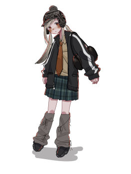 1girl bag beanie black_bag black_jacket black_shoes blonde_hair blush collared_shirt colored_eyelashes commentary earflap_beanie full_body gakuen_idolmaster gradient_hair green_skirt grey_hair grey_leg_warmers hat highres idolmaster jacket leg_warmers long_hair looking_at_viewer multicolored_hair necktie nose_blush open_clothes open_jacket orange_eyes orange_necktie parted_lips plaid_clothes plaid_skirt shadow shinosawa_hiro shirt shoes shoulder_bag simple_background skirt solo standing sunb3san swept_bangs symbol-only_commentary track_jacket twintails white_background yellow_shirt zipper