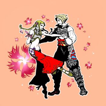 1boy 1girl arm_ribbon baggy_pants black_pants blonde_hair braid clothing_cutout dancing final_fantasy final_fantasy_xii final_fantasy_xii_revenant_wings floral_background full_body groin hip_vent holding_hands long_hair looking_at_another midriff mochi_(hanamaruudondesu) navel pants parted_lips penelo pink_ribbon popped_collar red_pants ribbon shirt short_hair sidelocks smile standing standing_on_one_leg stomach tiptoes twin_braids vaan_(ff12) white_shirt