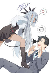 Rule 34 | 1boy, 1girl, anger vein, angry, black footwear, black gloves, black tail, blue archive, breasts, dark-skinned female, dark skin, demon tail, doodle sensei (blue archive), gloves, grey hair, halo, hand on own hip, highres, iori (blue archive), long hair, long sleeves, looking at another, pointy ears, purple halo, red eyes, school uniform, sensei (blue archive), sensei (blue archive the animation), simple background, standing on person, stepped on, sunao (souis), tail, twintails, white background