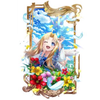 1girl :d ;d ahoge artist_request bird_girl bird_wings blonde_hair blue_bow blue_dress blue_flower blue_sky border bow chest_bow child cloud cloudy_sky collarbone curtained_hair day diamond_(gemstone) dispersion_(optics) dress eyelashes falling_feathers feathered_wings feathers filo_(tate_no_yuusha_no_nariagari) flower flower_request frilled_dress frilled_sleeves frills full_body game_cg gem holding holding_gem leg_up long_hair long_sleeves looking_at_object lying medium_dress official_art on_grass on_stomach one_eye_closed open_mouth ornate_border outdoors pink_flower red_flower simple_background sky smile solo sparkle straight_hair sunlight tate_no_yuusha_no_nariagari tate_no_yuusha_no_nariagari_rerise transparent_background two-tone_dress white_dress white_wings wings yellow_flower