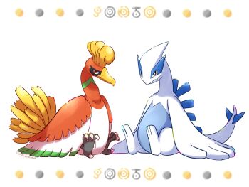 animal_focus beak bird closed_mouth fang gen_2_pokemon highres ho-oh legendary_pokemon lugia nintendo no_humans pokemon pokemon_(creature) pokemon_focus red_eyes saki_pokeoekaki sitting skin_fang tail talons unown unown_h unown_j unown_o unown_t wings