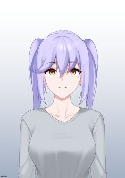 Rule 34 | 1girl, alceid, alternate costume, artist name, azur lane, blue hair, breasts, casual, closed mouth, collarbone, commentary, english commentary, essex (azur lane), frown, gradient background, grey background, grey sweater, hair between eyes, highres, large breasts, long hair, long sleeves, looking at viewer, ptsd, purple hair, simple background, solo, straight-on, sweater, thousand yard stare, twintails, upper body, wide-eyed, yellow eyes