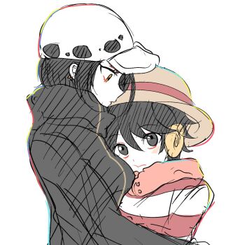 2girls black_coat black_eyes black_hair blush_stickers breasts closed_mouth coat dot_nose earmuffs earrings flat_color from_side genderswap genderswap_(mtf) hair_between_eyes hat height_difference highres hug jewelry kasuga_kaya law-chan looking_at_another looking_at_viewer luffyko medium_breasts monkey_d._luffy multicolored_coat multiple_girls nose one_piece portrait profile red_coat short_hair simple_background straw_hat tareme trafalgar_law two-tone_coat wavy_mouth white_background white_coat yellow_eyes zipper