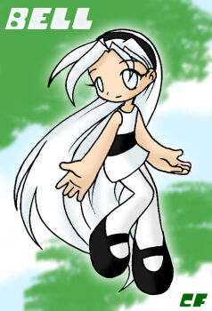 bell_(ppgd) black_hairband black_shoes cloud cloudy_sky coffgirl commentary dress dress_shoes english_commentary english_text floating flying grey_eyes hairband levitation long_bangs long_hair looking_to_the_side open_hand pantyhose powerpuff_girls powerpuff_girls_doujinshi shoes short_dress sky sleeveless smile tree very_long_hair white_dress white_hair white_pantyhose