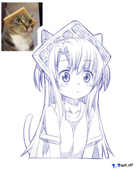 1girl absurdres animal_ears artist_logo artist_name blush blush_stickers breasts cat cat_ears cat_tail closed_mouth collarbone commentary cropped_torso food food_on_head highres logo long_hair looking_afar nisp_art object_on_head original parted_bangs pen_(medium) personification reference_inset russian_commentary shirt short_sleeves sidelocks simple_background small_breasts tail traditional_media two_side_up upper_body waffle white_background